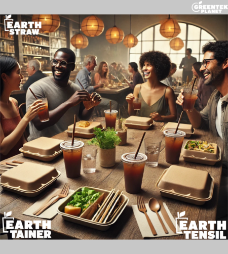 Multiracial group in a fine dining restaurant enjoying conversation around a table with sustainable packaging, including brown fiber clamshell boxes, pulp takeout bowls, and opaque fiber cups with hemp straws. Highlights eco-friendly alternatives to plastic for restaurants