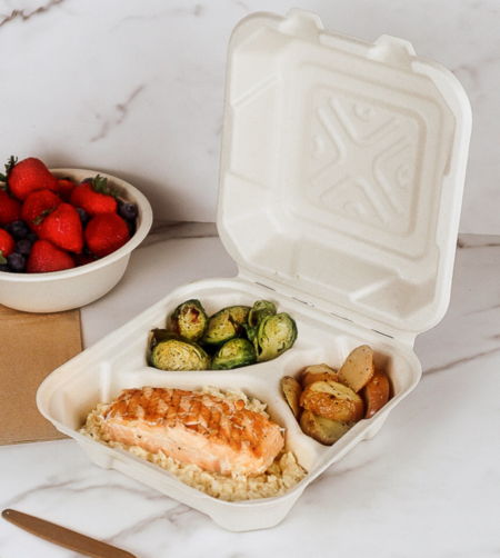 Plant-based compostable 8" square clamshell box with 3 compartments, made from upcycled hemp fiber.