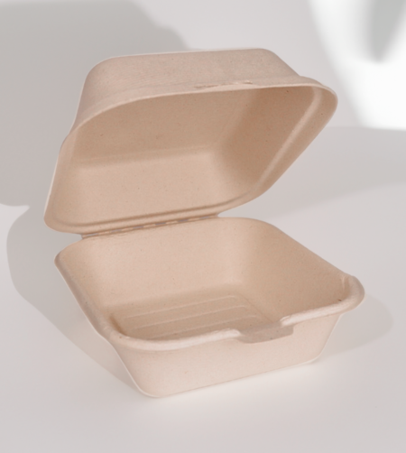 Compostable 450ml clamshell burger box made from upcycled hemp fiber for sustainable food packaging.